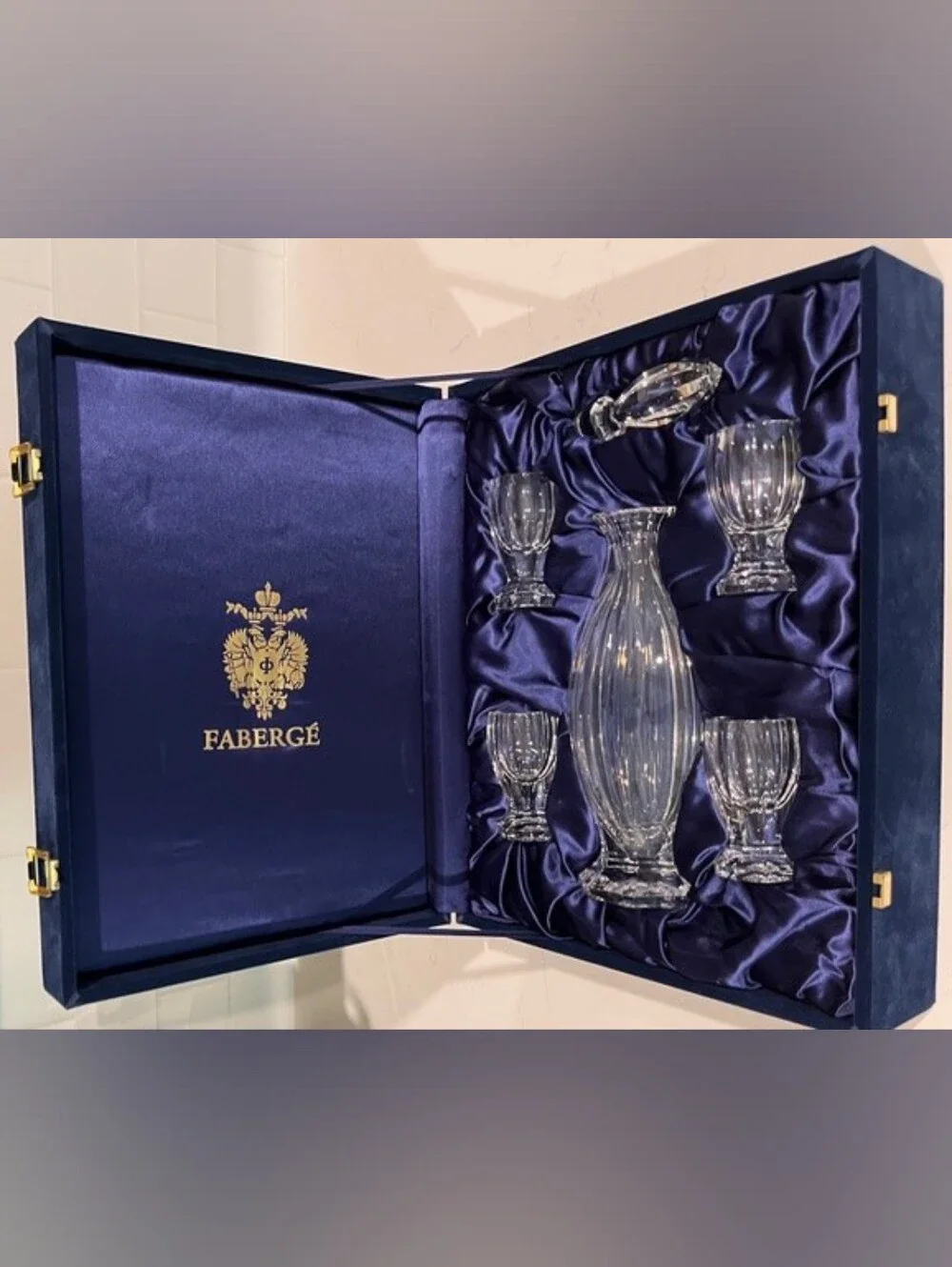 House of Faberge Czarina Crystal‎ Decanter Set 4 Liqueur Shot Glasses Case NIB